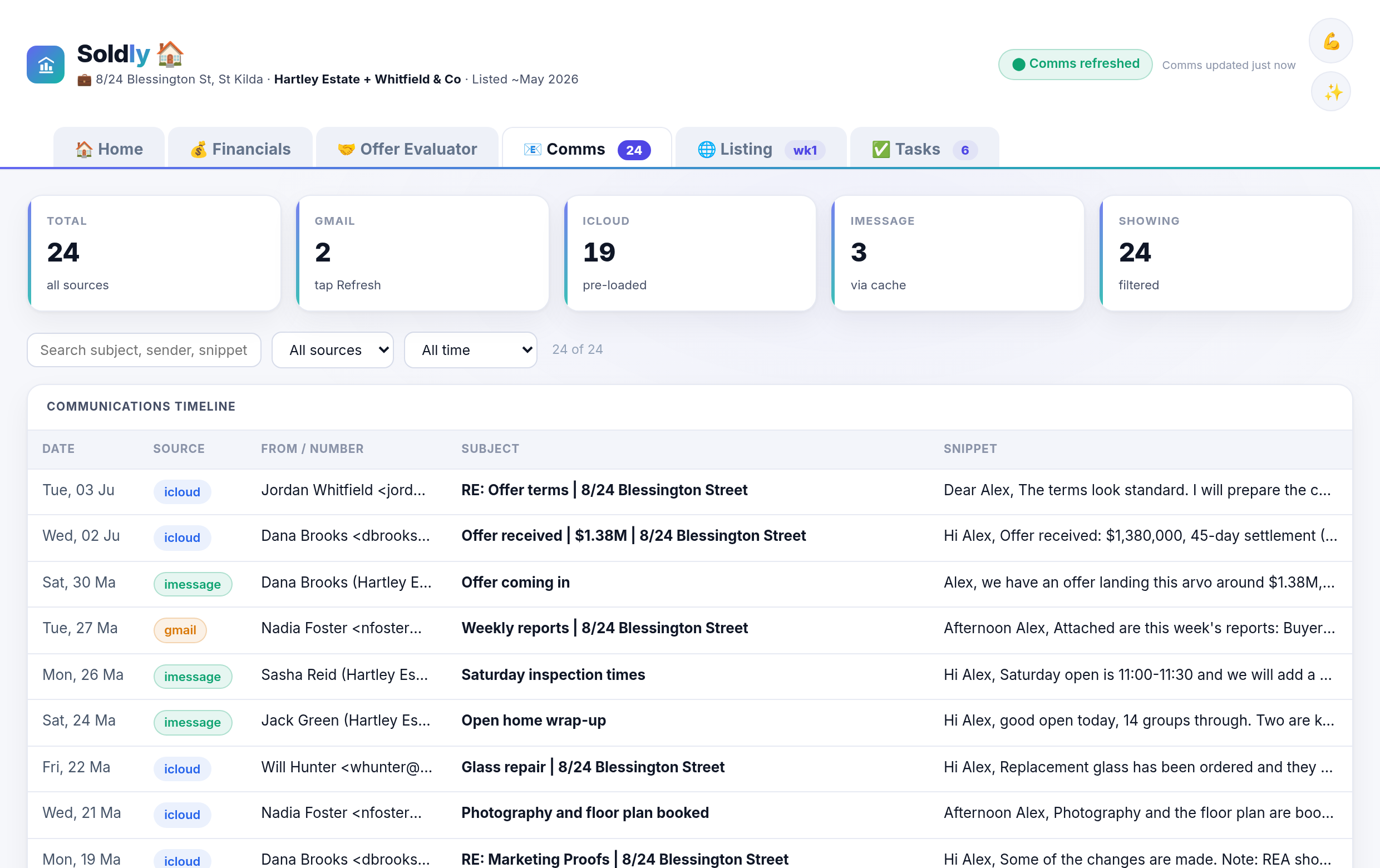 Comms tab — unified email, iMessage and iCloud timeline