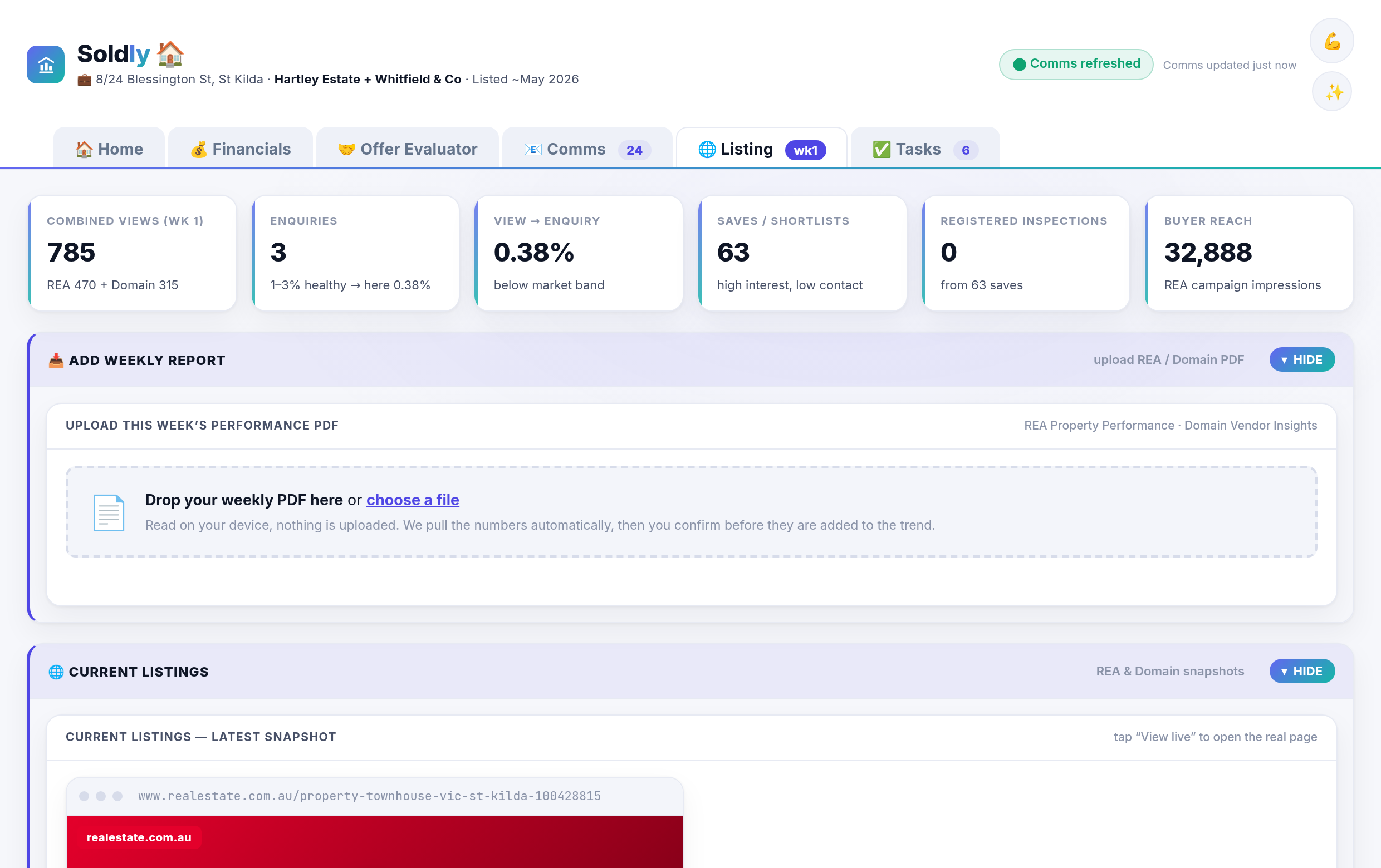 Listing tab — current listing snapshots and campaign funnel